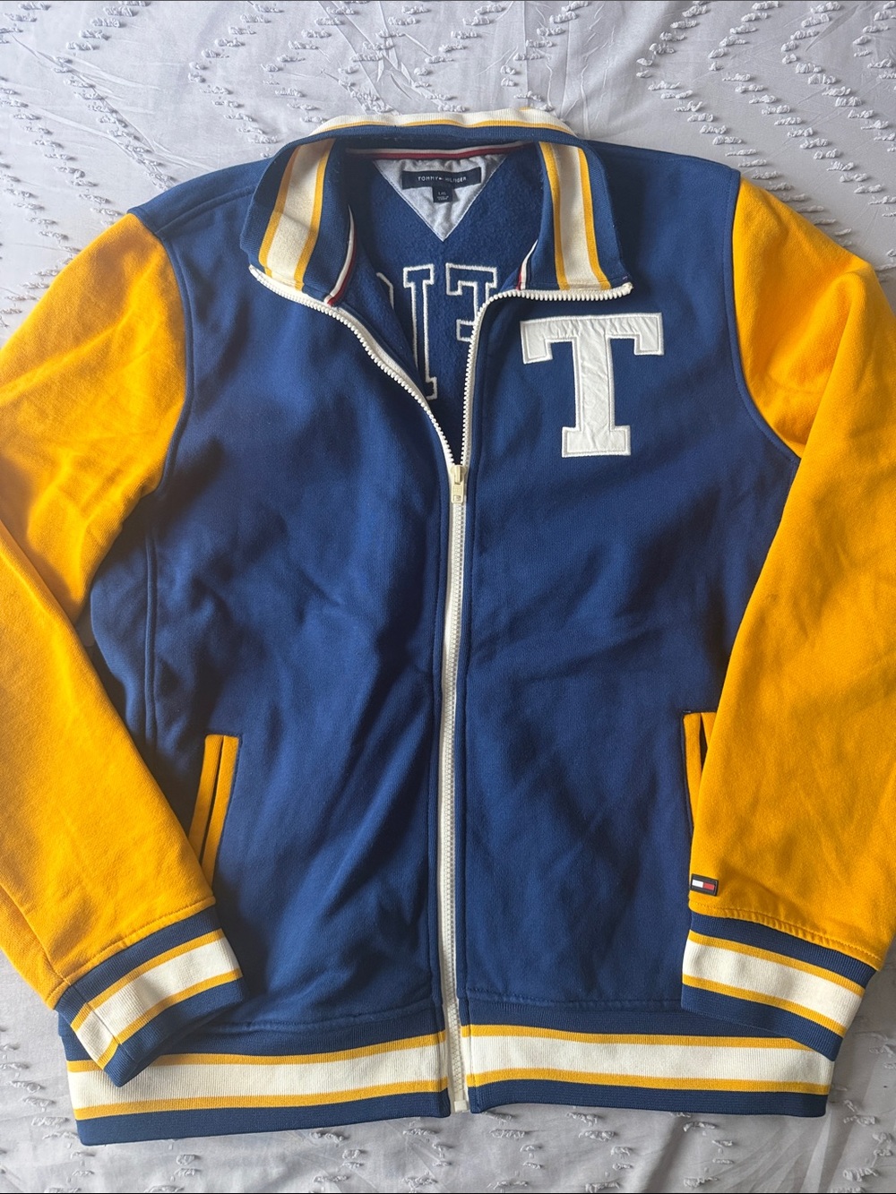Tommy Hilfiger Navy and Yellow Varsity Zip-Up Jacket
